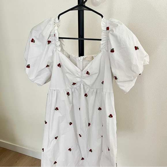 Altar'd State Cherry Embroidery White Mini Puff Sleeves Babydoll Dress - Picture 5 of 9